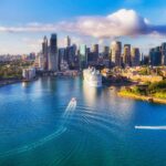 Major architecture landmarks of the city of Sydney and Australia around Sydney harbour in elevated aerial view in warm smooth sunlight at the morning.